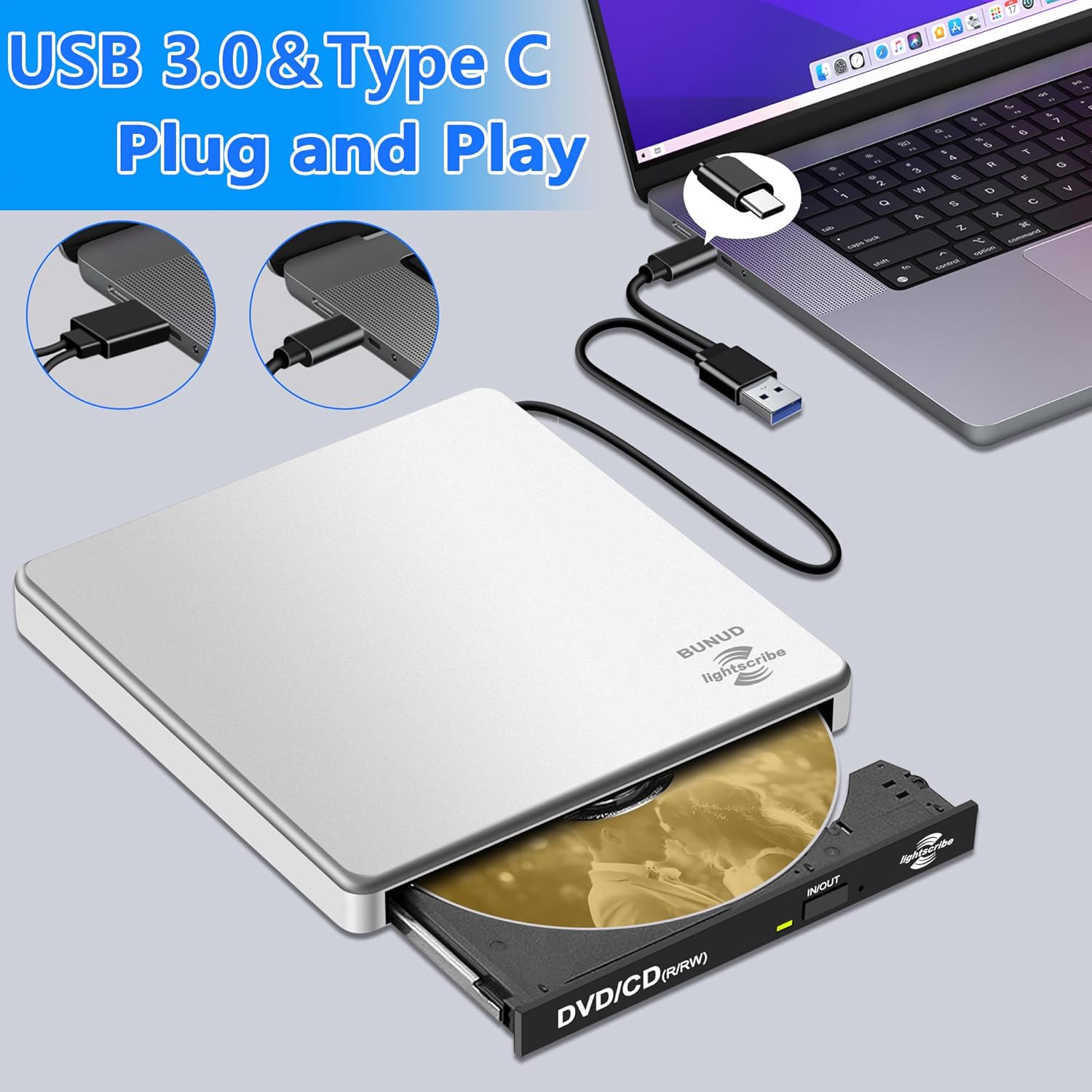 BUNUD LightScribe DVD Burner for Laptop: External Portable USB C CD/DVD Drive Compatible with Mac Windows Linux for Disc Labeling Wedding Photos with SD/TF/2 USB Ports Plug & Play(Silver) - Image 4