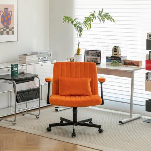 Orange Criss Cross Chair with Wheels 25.2" W Cross Legged Office Chair Ergonomic Desk Chair 360 Swivel Home Vanity Chair Adjustable Height for Living Room Bedroom Office Makeup Study (Orange+ Velvet)