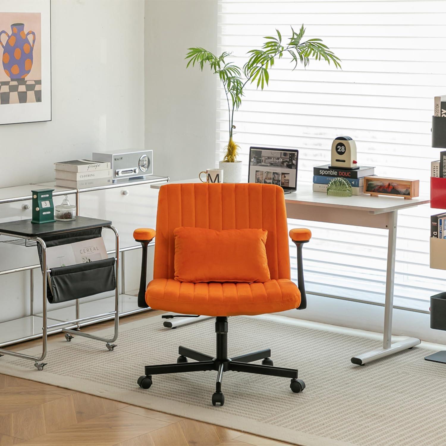 Orange Criss Cross Chair with Wheels 25.2″ W Cross Legged Office Chair Ergonomic Desk Chair 360 Swivel Home Vanity Chair Adjustable Height for Living Room Bedroom Office Makeup Study (Orange+ Velvet)