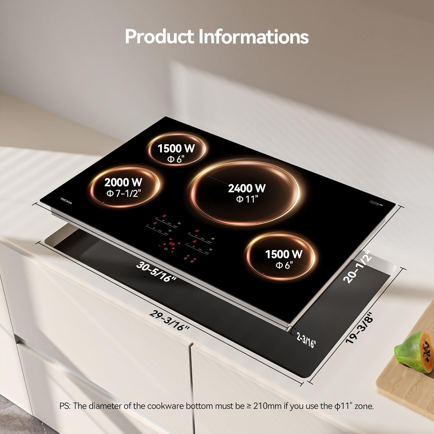 30 Inch Induction Cooktop 7400W, TECASA Built-in Induction Stovetop with 4 Boost Burner, Timer & Child Safety Lock, 9 Heating Level, Sensor Touch Control, 240V, Drop-in Electric Stove Top - Image 6