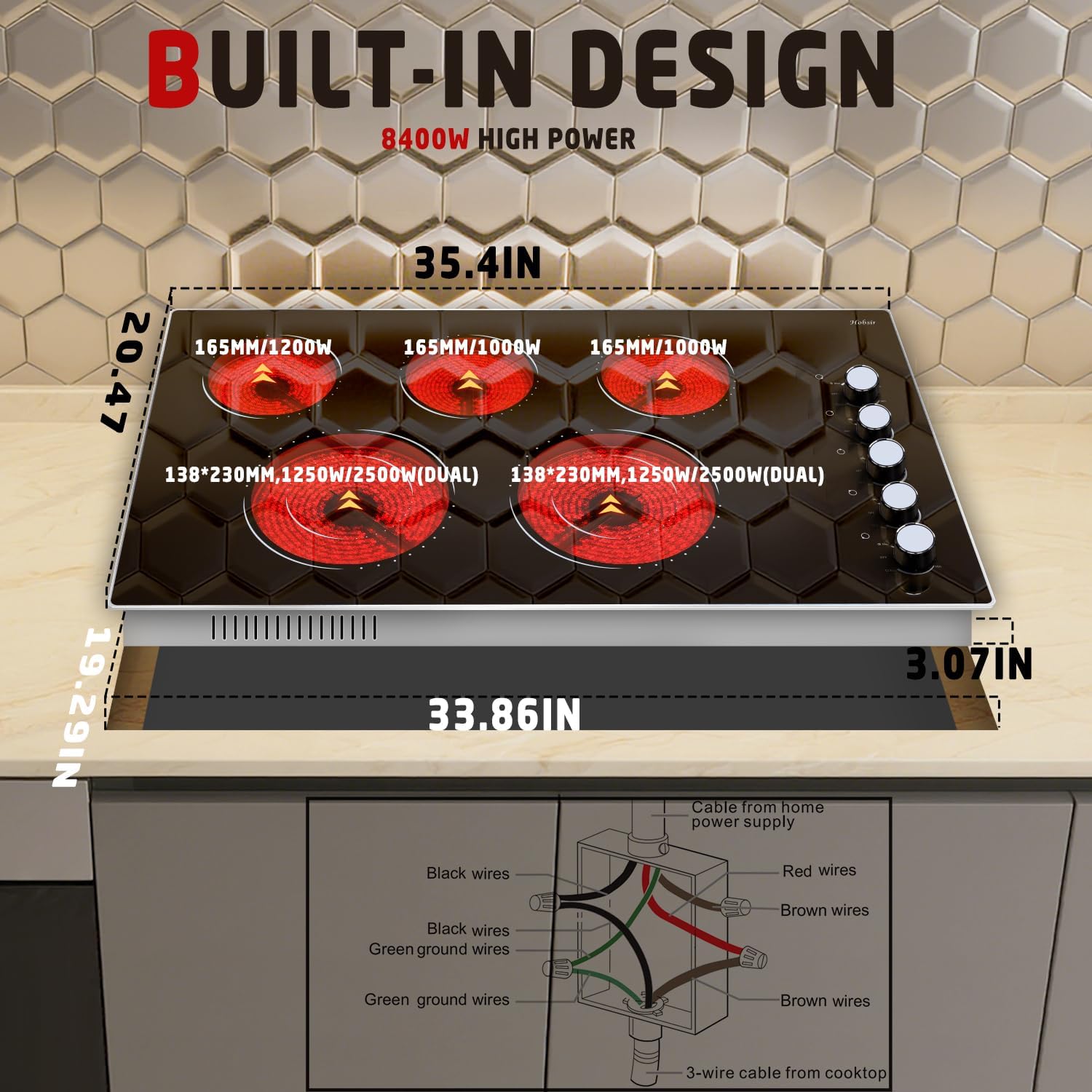 Hobsir Electric Cooktop 36 Inch, Electric Stove Top Burner, 5 Burners 36 Cooktop, Knob Control 8400W Drop-in Ceramic Stove with Glass Metal Frame, Dual Ring, 220-240V, Hard Wired (No Plug) - Image 6