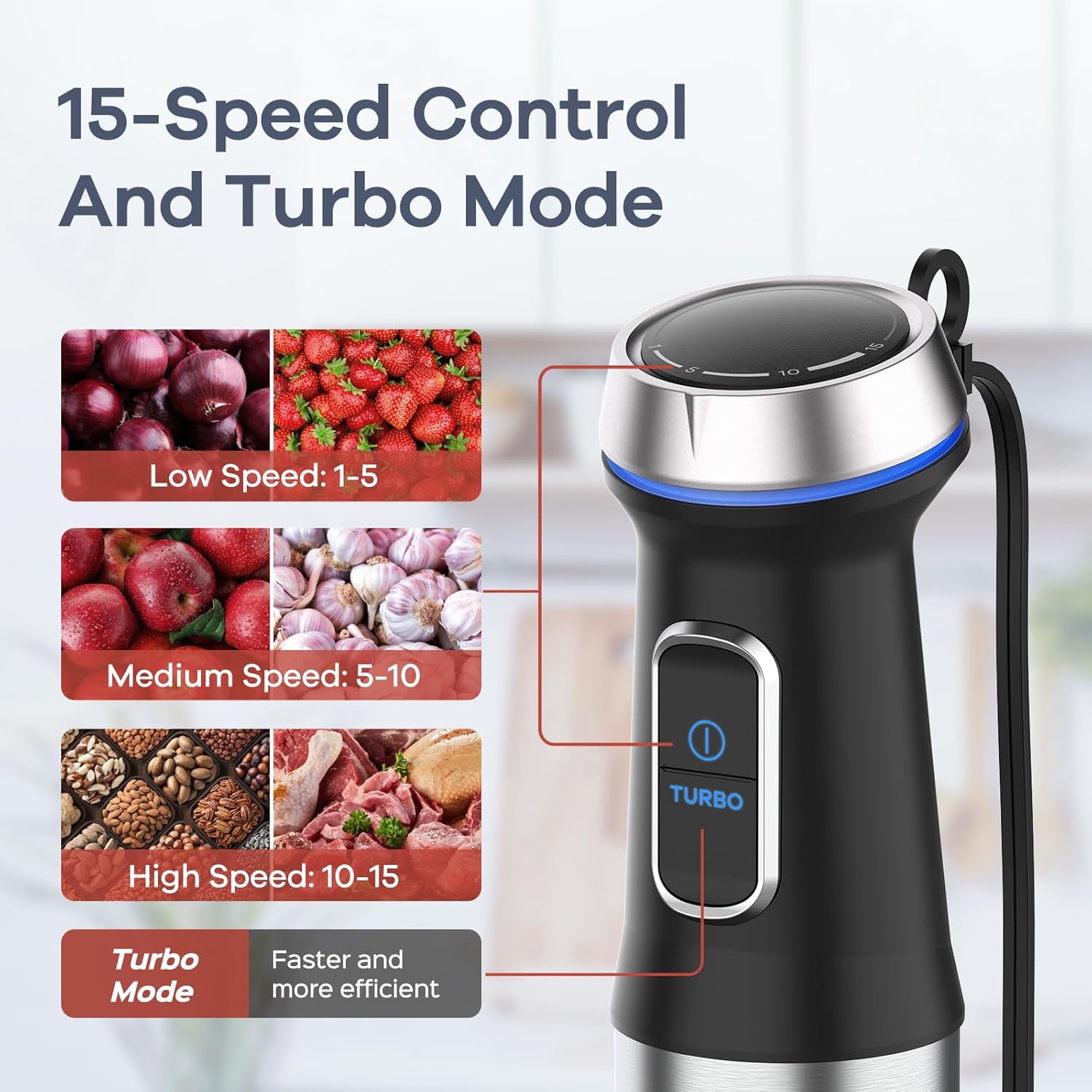 Ganiza Immersion Blender 5 in 1 Hand Blender Max 1000W Heavy Duty Motor, 16 Speed Mode Handheld Blender Stainless Steel Blade With 800ml Mixing Beaker, 600ml Chopper, Whisk and Milk Frother - Image 4
