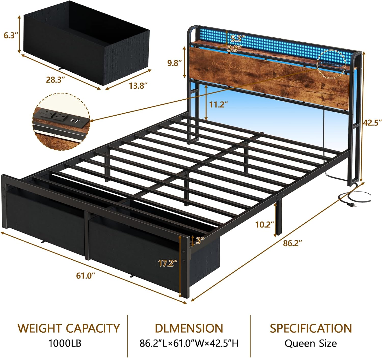 Furnulem Queen Size Bed Frame with Headboard, Platform Bed Frame Queen Size with 2 Storage Drawers and Charging Station & LED Lights, No Box Spring Needed, Noise Free - Image 2