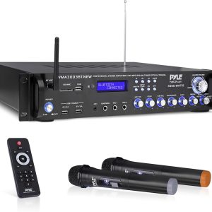 Pyle Bluetooth Home Audio Power Amplifier -4 Ch. 3000W, Stereo Receiver w/Speaker Selector, FM Radio, USB, Headphone, 2 Wireless Mics for Karaoke, Great for Home Entertainment System - PWMA3003BT.NEW