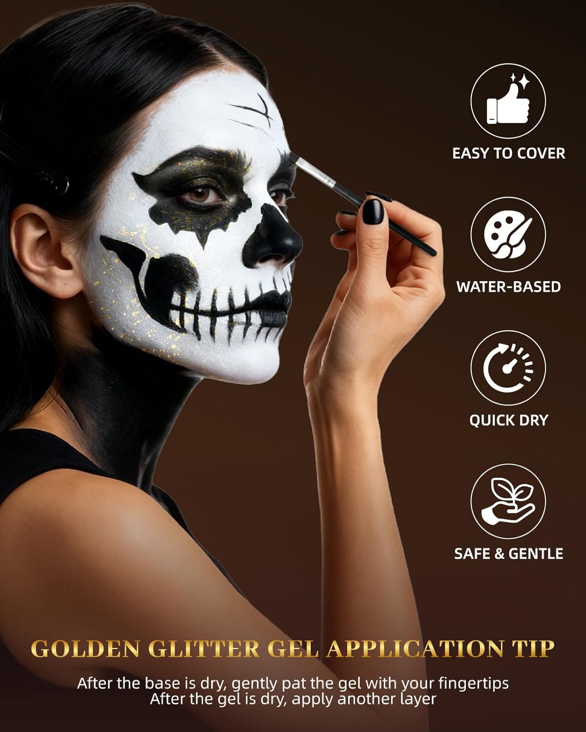 Halloween Glam Skeleton Makeup Kit - Lictin Complete Skeleton/Skull Face Paint with Gold Glitter Gel, Professional Skull SFX Make Up Kit for Halloween, Costume, Cosplay, Carnivals for Adults & Kids - Image 5