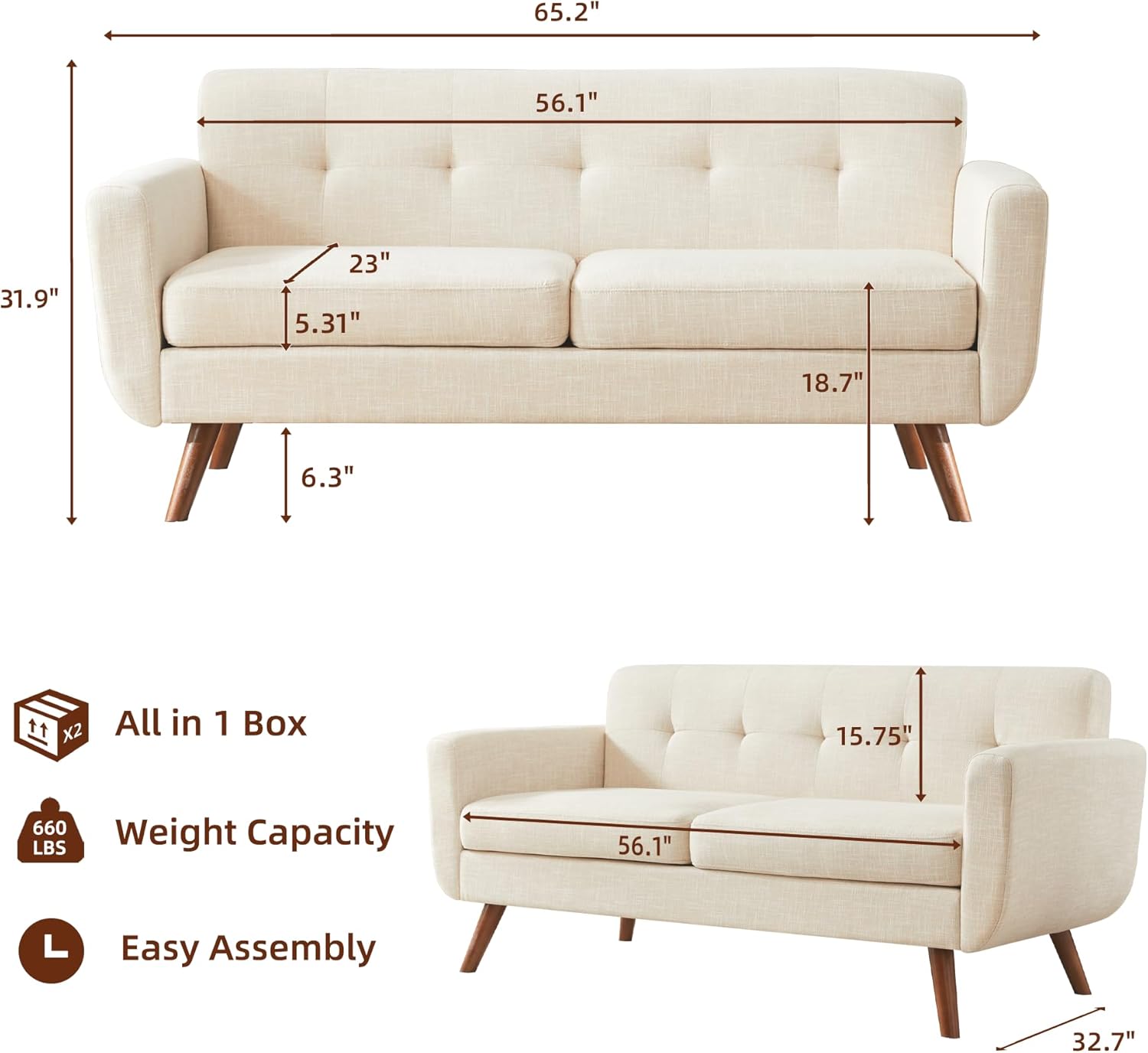 Tbfit 65" W Loveseat Sofa, Mid Century Modern Decor Love Seat Couches for Living Room, Button Tufted Upholstered Small Couch for Bedroom, Solid and Easy to Install Love Seats Furniture, Beige - Image 2