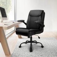 NEO CHAIR Office Desk Computer Chair Ergonomic Executive Mid-Back Leather Gaming Chair with Adjustable Flip-Up Armrests Wheels Swivel for Home Study Task (Jet Black) - Image 2