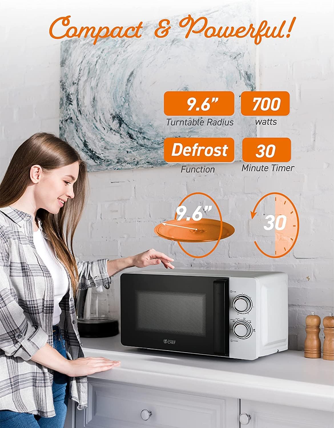 Commercial CHEF Small Microwave 0.7 Cu. Ft. Countertop Microwave with Mechanical Control, White Microwave with 6 Power Levels, Outstanding Portable Microwave with Convenient Pull Handle - Image 4