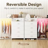 KKL 43" W White Dresser for Bedroom with Hanging Rack, Reversible 6 Drawers Dresser with Led Lights & Charging Station, Fabric Closet Dressers & Chest of Drawers with Clothes Rack for Girls, Kids - Image 7
