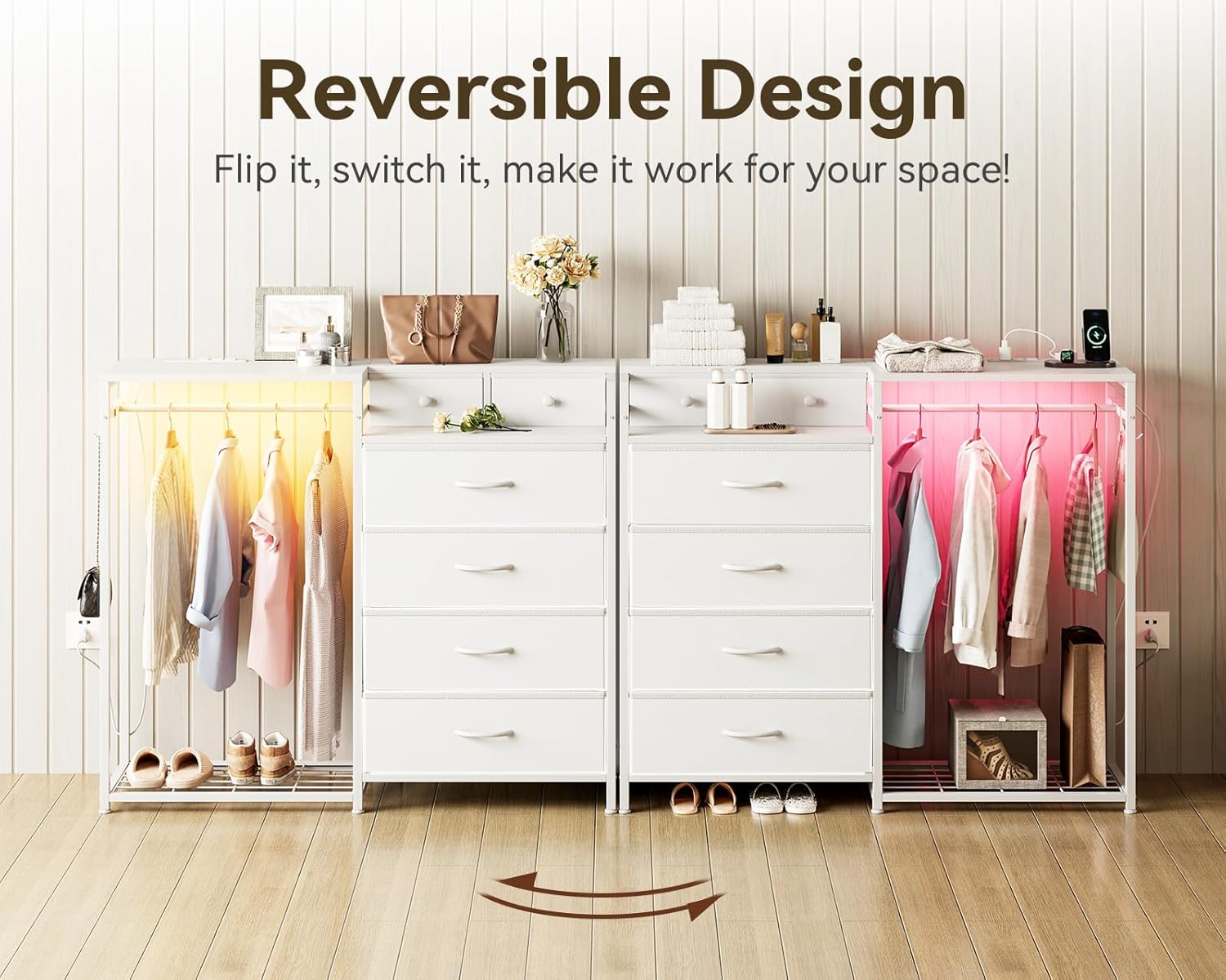 KKL 43" W White Dresser for Bedroom with Hanging Rack, Reversible 6 Drawers Dresser with Led Lights & Charging Station, Fabric Closet Dressers & Chest of Drawers with Clothes Rack for Girls, Kids - Image 7