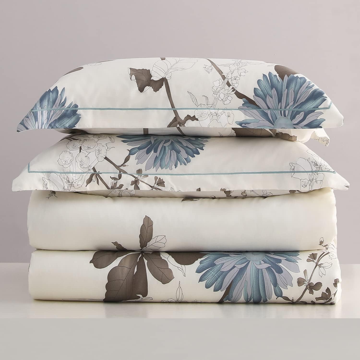 SLEEPBELLA Comforter King Size, 600 Thread Count Cotton Brown Branches and Blue Flowers Off-White Comforter Sets, Down Alternative Bedding Set 3Pcs(King, Off-White Botanical) - Image 6