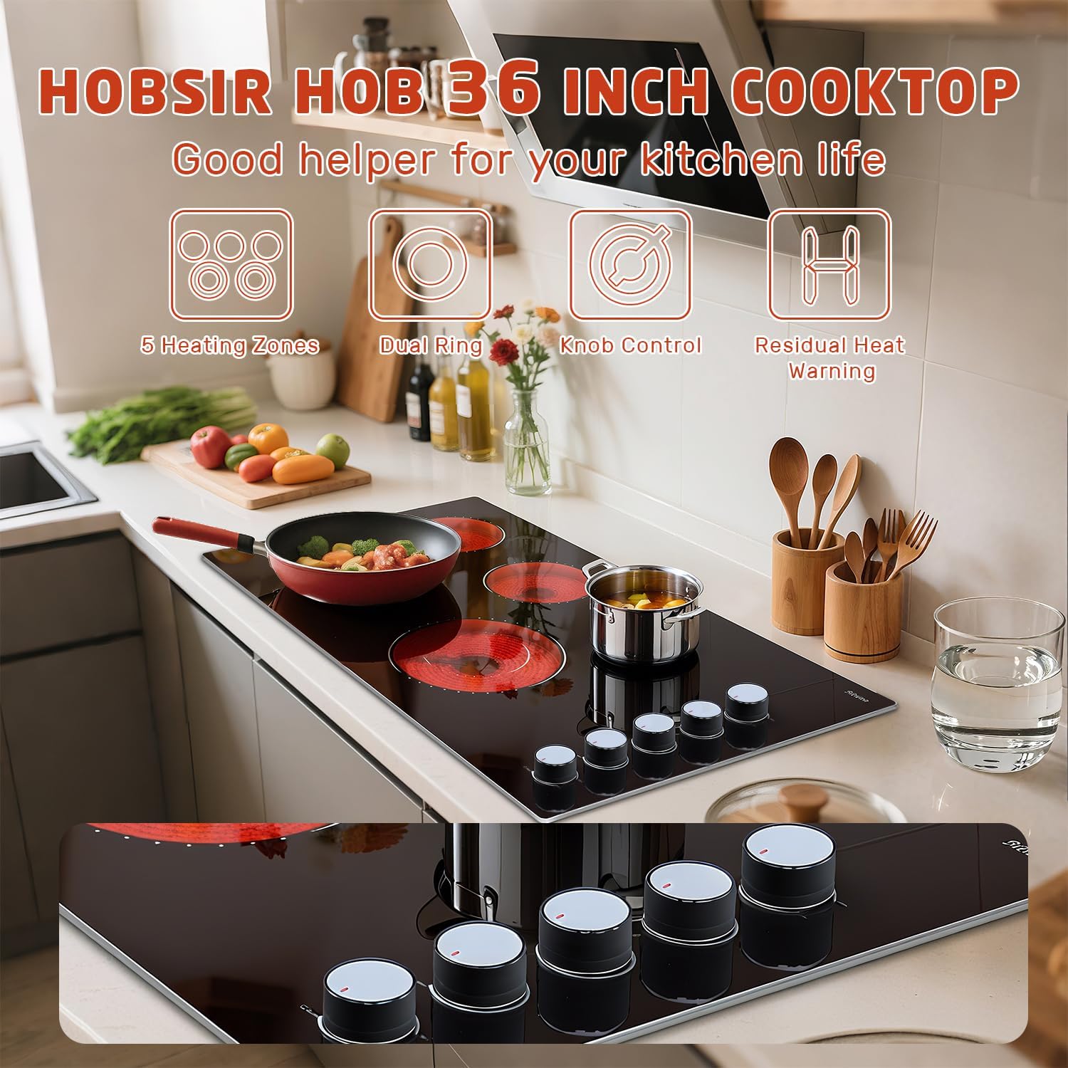 Hobsir Electric Cooktop 36 Inch, Electric Stove Top Burner, 5 Burners 36 Cooktop, Knob Control 8400W Drop-in Ceramic Stove with Glass Metal Frame, Dual Ring, 220-240V, Hard Wired (No Plug) - Image 3