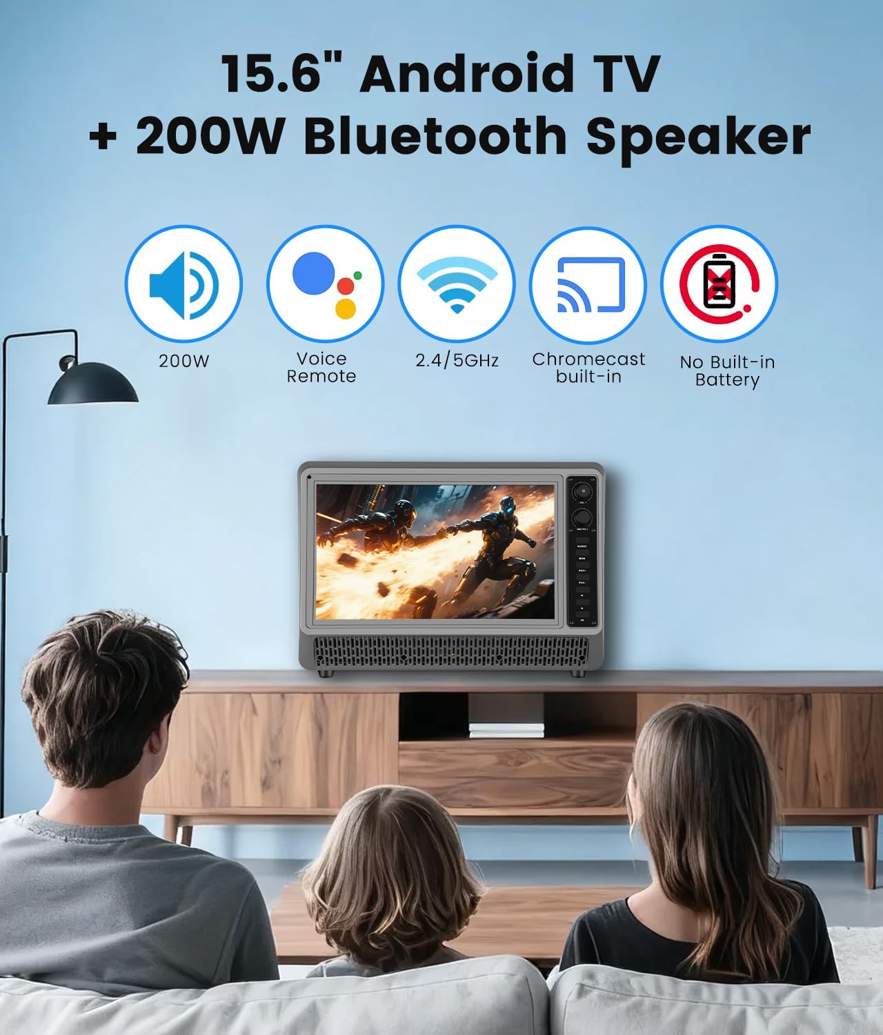 Feihe 15.6 inch Small Smart TV with Speaker System, Loud Portable Bluetooth Speaker Design Retro Smart Television, Karaoke Wireless Microphones, Support HDMI/AUX/USB for Home Party Camping - Image 2