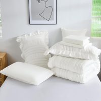 WONGS BEDDING Queen Comforter Set,White Cute Ruffle Comforter for Queen Bed, 7 Pieces Bed in a Bag Seersucker Shabby Chic Bedding Set 90"×90" - Image 7