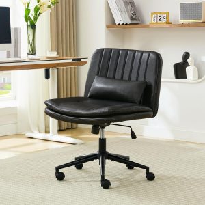 Criss Cross Chair with Wheels, Armless Comfy Thickened Cushion Wide Seat Cross Legged Office Chair with Pillow, Adjustable Swivel Mid Back Computer Task Vanity Home Office Desk Chair (PU, Black)