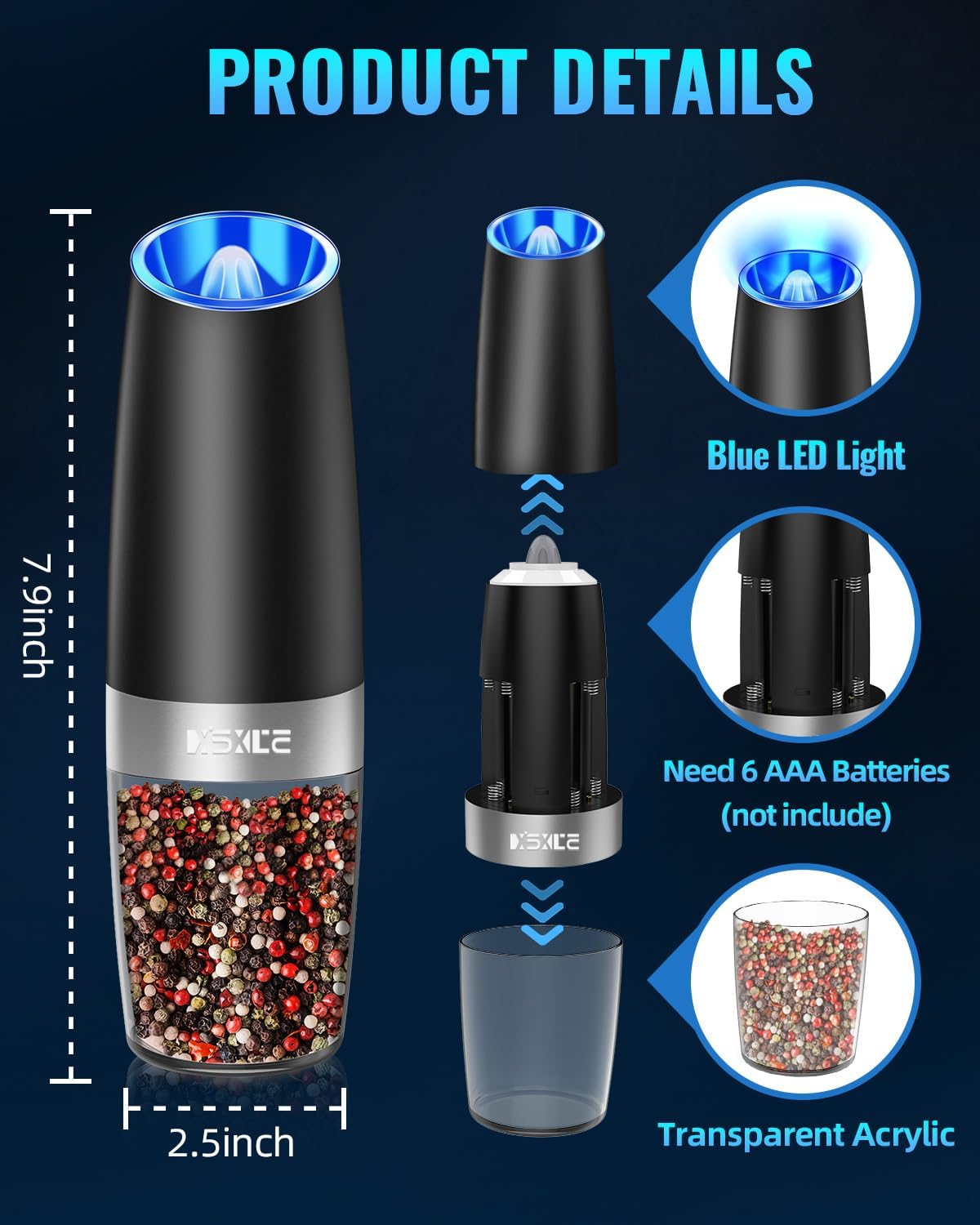 XinXu Gravity Electric Pepper and Salt Grinder Set, Adjustable Coarseness, Battery Powered with LED Light, One Hand Automatic Operation, Black -2 Pack - Image 4