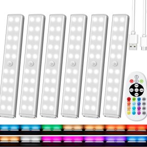 Under Cabinet Lighting Wireless with Remote, 48 LED Rechargeable Under Cabinet Lights, Kitchen Counter Lights Dimmable LED Closet Light RGB Bar for Shelf, Car, Hallway, 15 Color Changing, 6 Pack