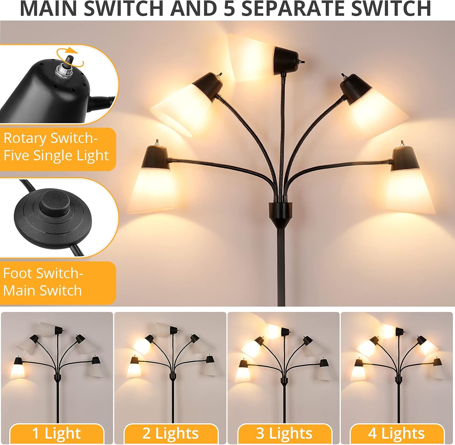 FOLKSMATE LED Floor Lamp, Medusa Multi Head Modern Tall, Rustic Adjustable Gooseneck Reading Standing Light for Living/Kids Room, Bedroom, Black - Image 5