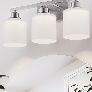 Sailstar Bathroom Light Fixtures Over Mirror, 3-Light Vanity Lights Brushed Nickel, Modern Bathroom Vanity Light, Glass Shade & Anti-Rust Nickel Finished, Bathroom Light for Small Space