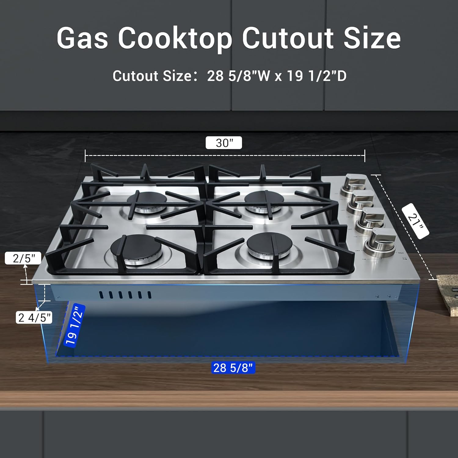 CT Copper Tailor Gas Cooktop 30 Inch With Four Sealed Burners, NG/LPG Convertible,Max 18000BTU, in Stainless Steel - Image 2