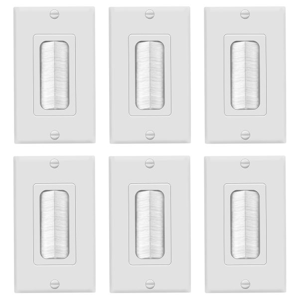 TOPGREENER 6 Pack Bristled Brush Wall Plate Multimedia Pass-Through Insert for Low Voltage Cables, HDMI Cables, Coaxial Cables, Speaker Wires, Home Theater Systems, Size 1-Gang 4.50" x 2.75", White