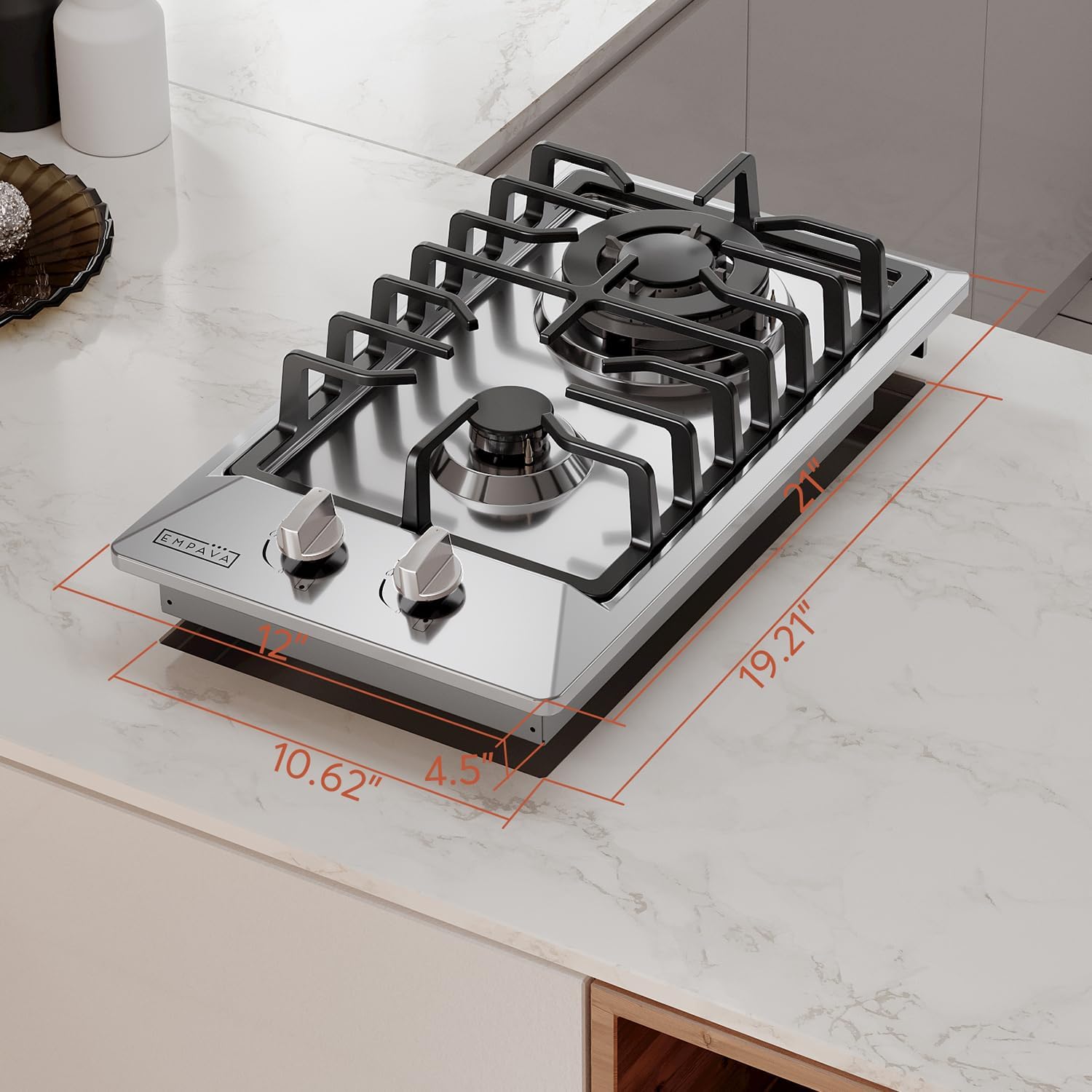 Empava 12 in. Gas Stove Cooktop 2 Italy Sabaf Sealed Burners NG/LPG Convertible in Stainless Steel, 12x21 Inch - Image 7