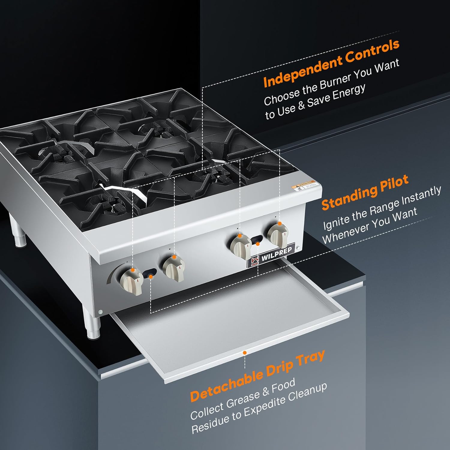 WILPREP Countertop Gas Range, 4 Burner Commercial Hot Plate with Total 100000 BTU, 24" Natural Gas Range with Propane Conversion Kit Grates, Stainless Steel Gas Stove for Restaurant Kitchen, silver - Image 6