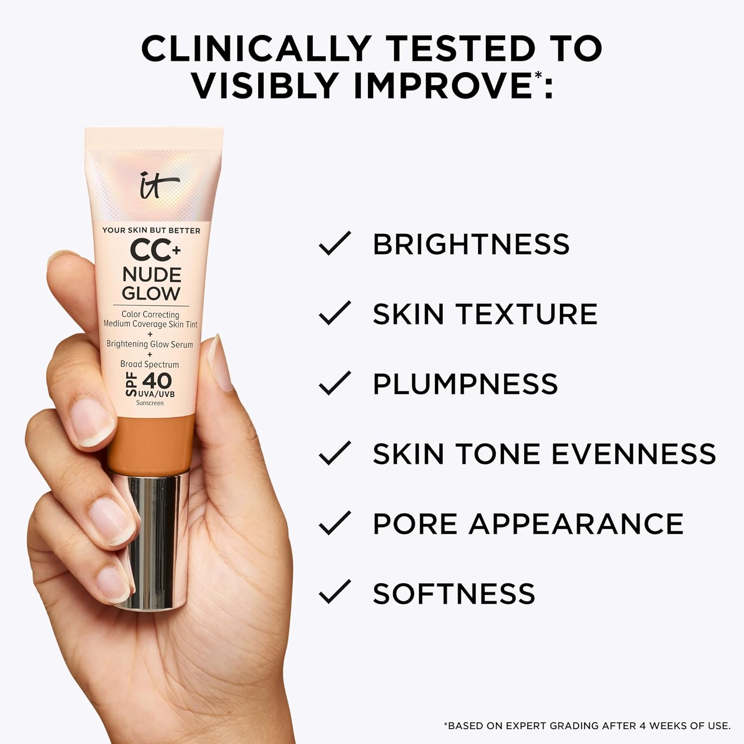 IT Cosmetics CC+ Nude Glow - Medium Coverage Foundation with SPF 40 & Brightening Glow Serum, Lightweight Skin Tint, 2% Niacinamide + Hyaluronic Acid, Up to 24H Hydration, Normal/Dry Skin - 1.08 fl oz - Image 5