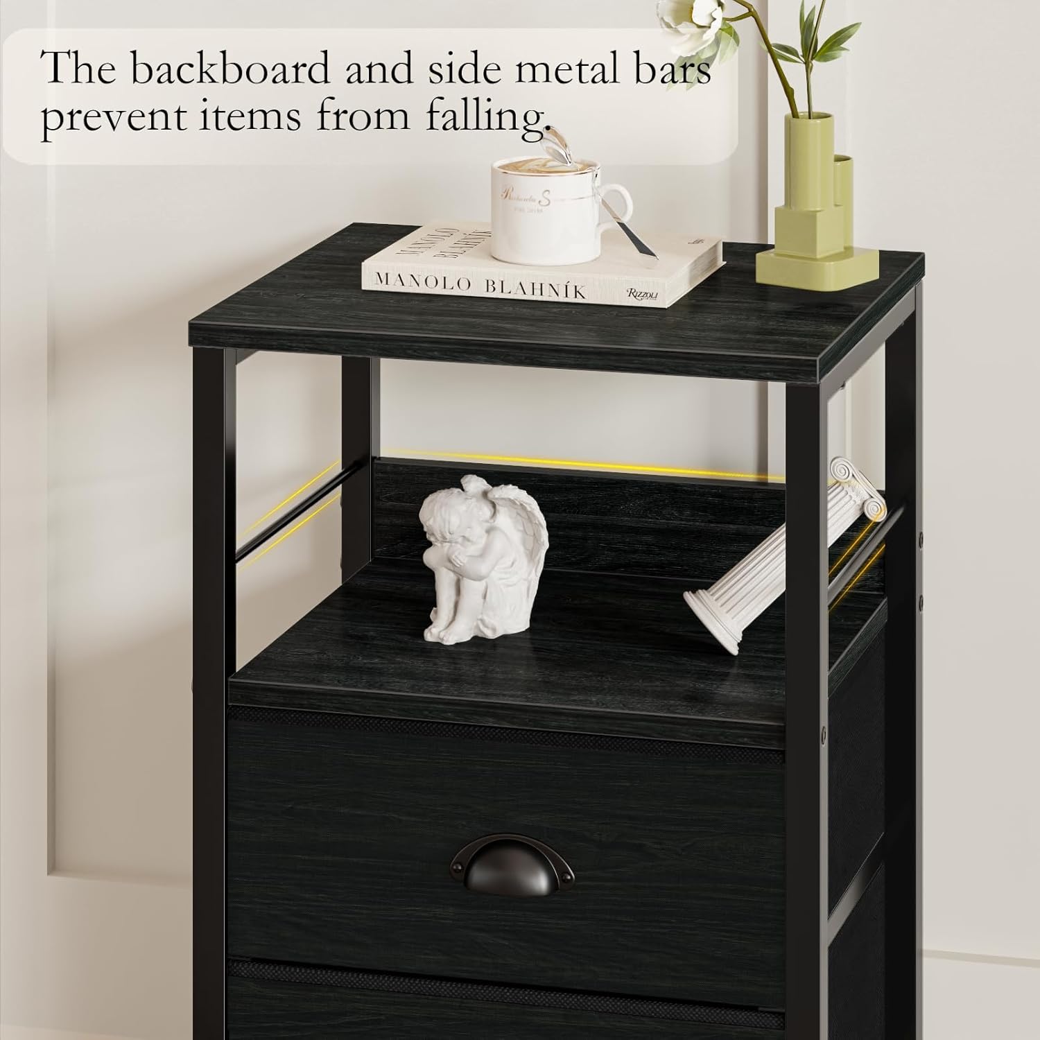 Furologee Nightstands Set 2, Night Stand with 2 Fabric Drawers, Bedside Tables with Open Shelf, Wooden Top, Hooks, Backboard Design, Metal Frame, End Tables for Bedroom/Living Room/Study/Black Oak - Image 4