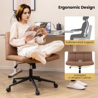Giantex Criss Cross Chair with Wheels, PU Leather Cross Legged Office Chair, Height-Adjustable Swivel Vanity Chair with U-Shaped Seat, Armless Wide Desk Chair for Home, Office, Make Up, Brown - Image 4