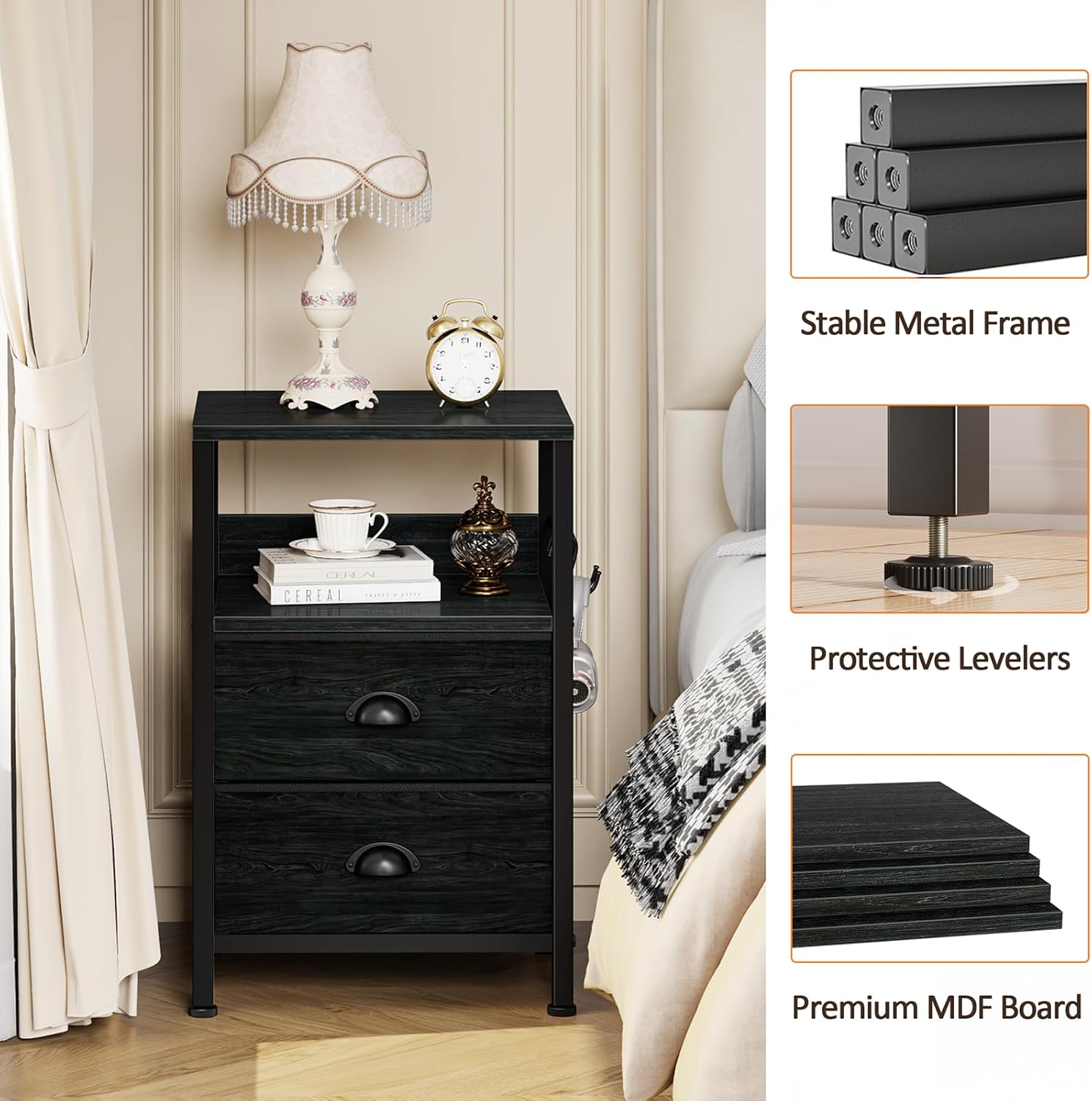 Furologee Nightstands Set 2, Night Stand with 2 Fabric Drawers, Bedside Tables with Open Shelf, Wooden Top, Hooks, Backboard Design, Metal Frame, End Tables for Bedroom/Living Room/Study/Black Oak - Image 6