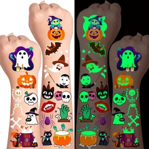 Halloween Tattoos for Kids, 35 Sheets 350+ Fun Style, Glow in the Dark Temporary Tattoos for Boys and Girls Featuring Theme Pumpkin, Skulls, Ghost, Bats, Spider, Skeleton etc, Halloween Gifts for Kids