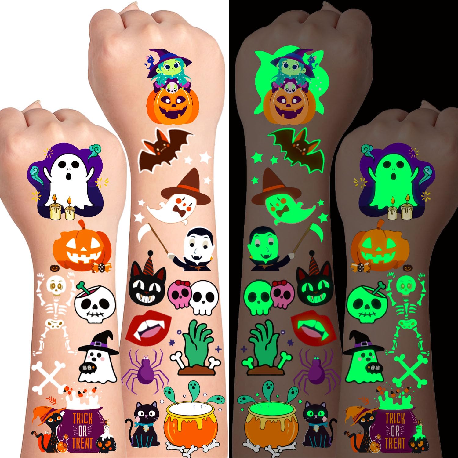 Halloween Tattoos for Kids, 35 Sheets 350+ Fun Style, Glow in the Dark Temporary Tattoos for Boys and Girls Featuring Theme Pumpkin, Skulls, Ghost, Bats, Spider, Skeleton etc, Halloween Gifts for Kids