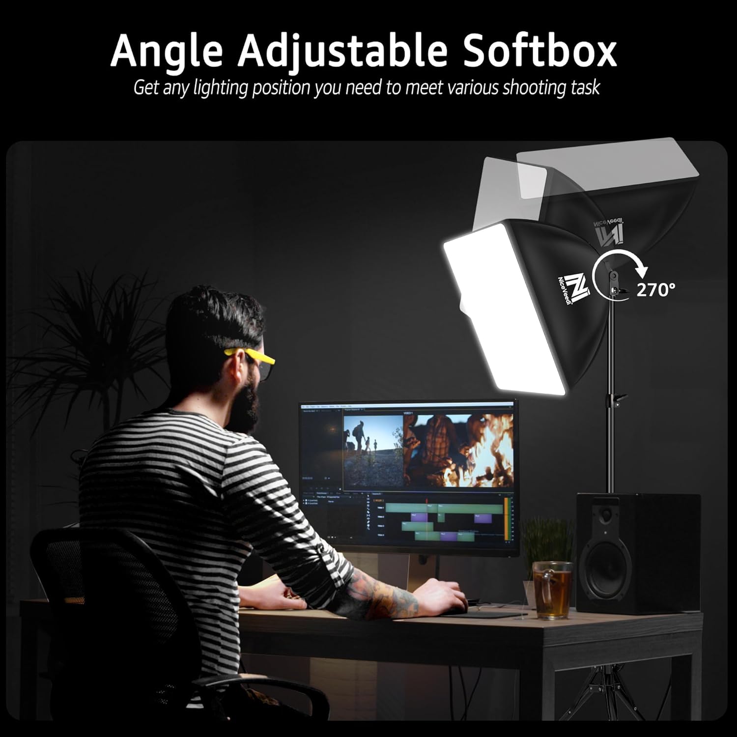 Softbox Lighting Kit, NiceVeedi 2-Pack 16'' x 16'' Softbox Photography Lighting Kit with 63” Tripod Stand & 5400K 450W Equivalent LED Bulb, Continuous Lighting for Photography/Video Record - Image 5