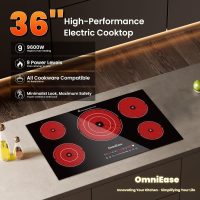 Electric Cooktop 36 Inch, OmniEase Built-in Electric Cooktops 5 Burner Stove Top, 36" Radiant electric Cook top Stovetop with Kid Safety Lock, Timer, 9 Heating Level, 9600W, 220-240V for Hard Wire - Image 2