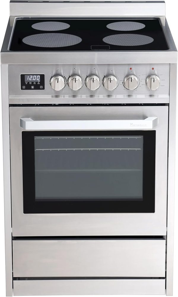 RRE241TS 24" Electric Range with 4 Burners, 3.0 cu. Ft. Capacity, Freestanding Slide-in AirFry, Convection Oven, Easy Reach Racks, Soft Close Door, Clock and Timer, Stainless Steel