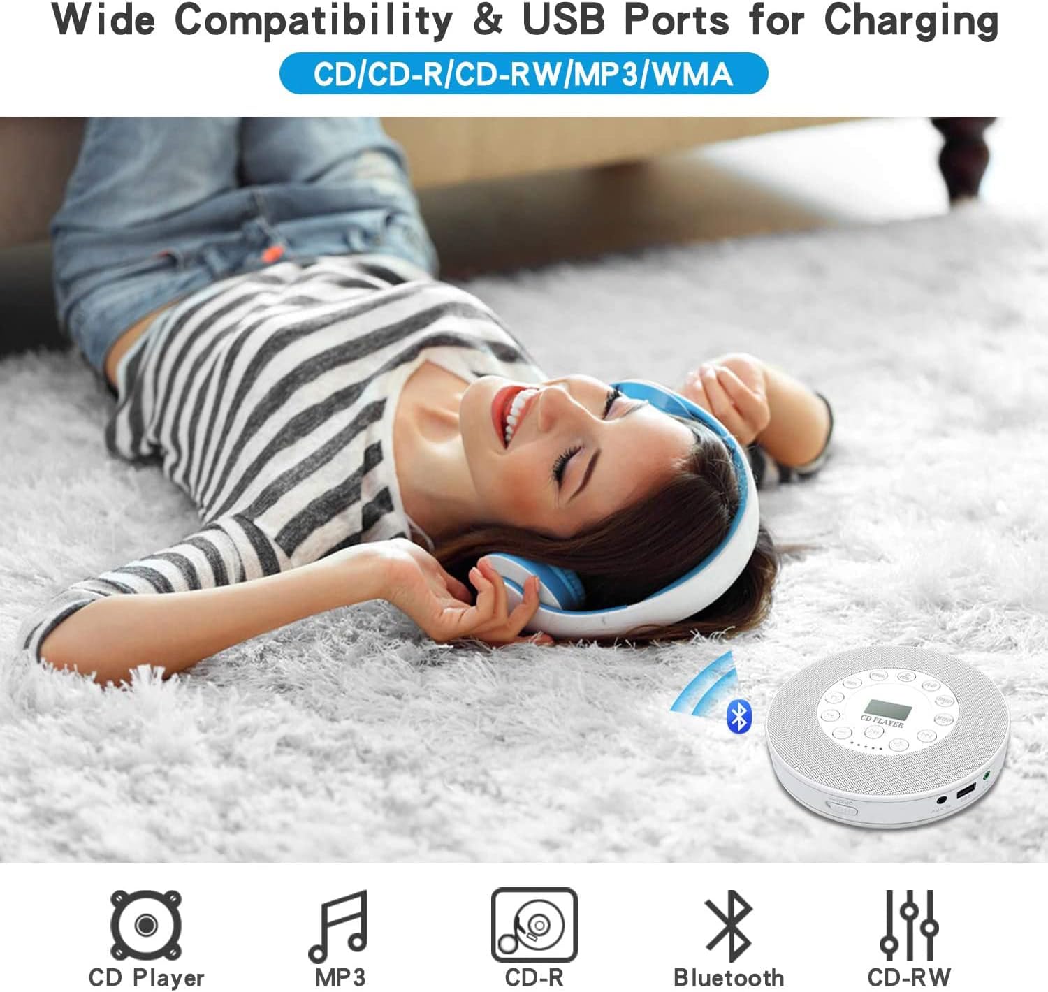 Lukasa Portable Bluetooth CD Player Built-in Speaker Stereo, Personal MP3 Players Rechargeable Compact Car Disc CD Music Player USB Play Anti-Shock Protection - Image 4