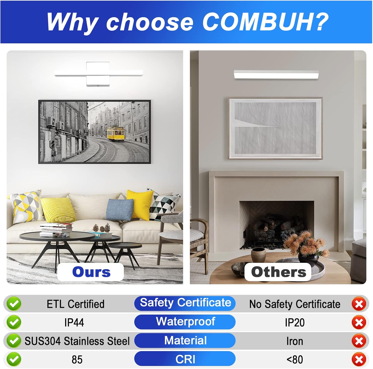 Combuh Modern Bathroom Light Fixtures Over Mirror, 16 Inch IP44 9W Chrome Vanity Light Bar for Bathroom, Wall Light Fixtures Cool White 6000K - Image 3