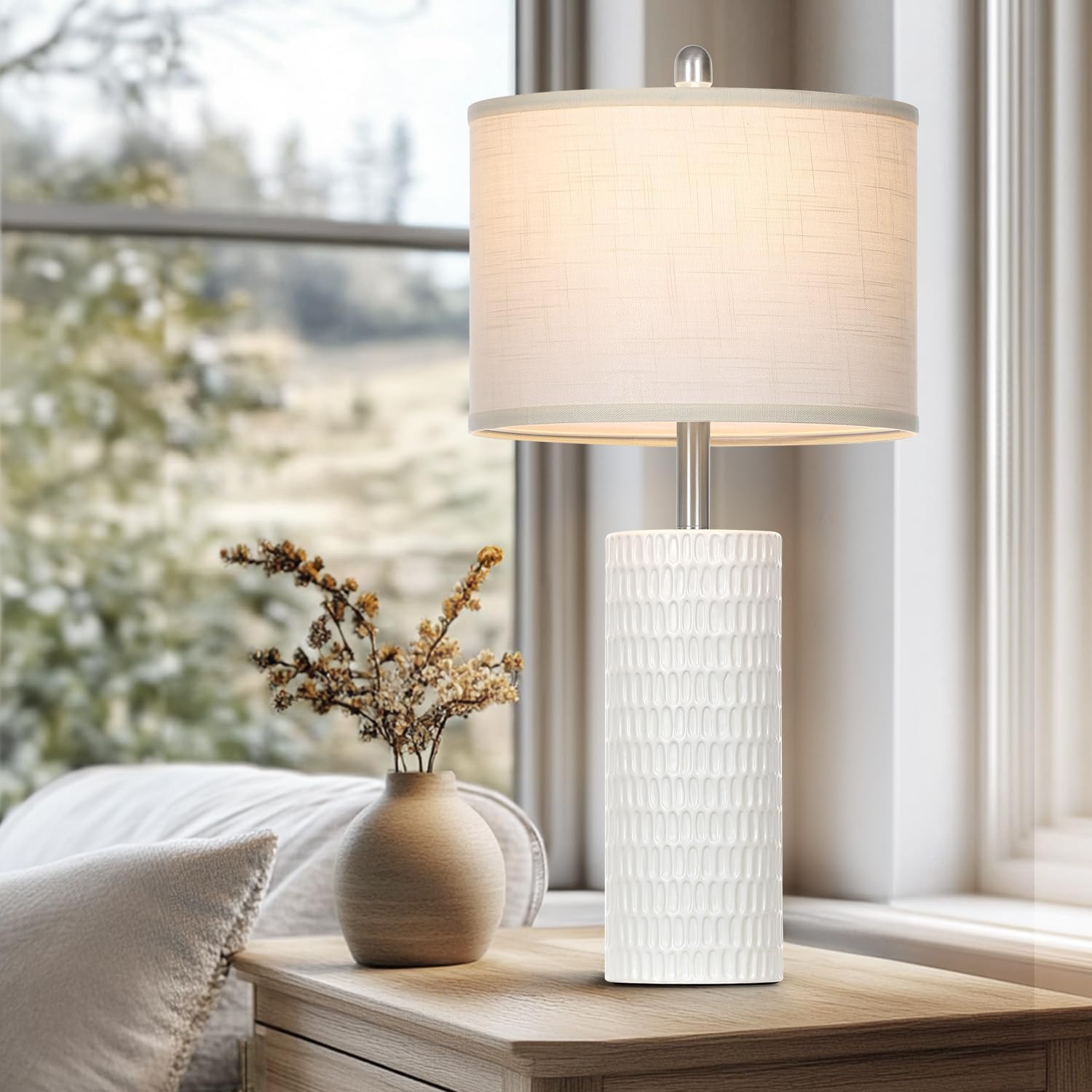 27" Ceramic Table Lamp, Farmhouse Table Lamp for Living Room, White Lamp for Bedroom, Night Stand, Modern Bedside Lamp Set of 2, End Table Lamps, White(2 Bulbs Included) - Image 4