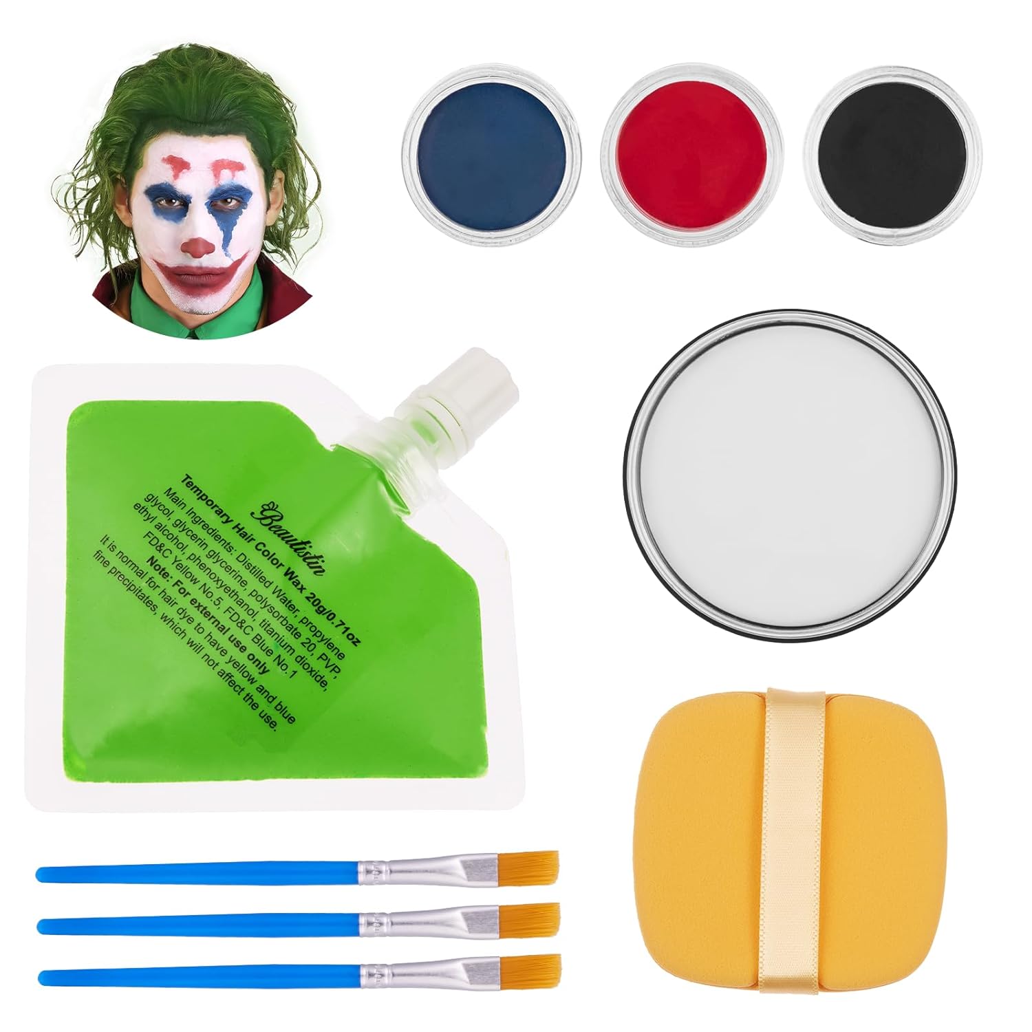Halloween Joker Clown Makeup Kit - Joker Make Up Kit Includes White Red Black Blue Oil Based Face Body Paint and 20g Green Temporary Hair Color Wax, Powder Puff and 3 Blue Brushes, for Joker Cosplay