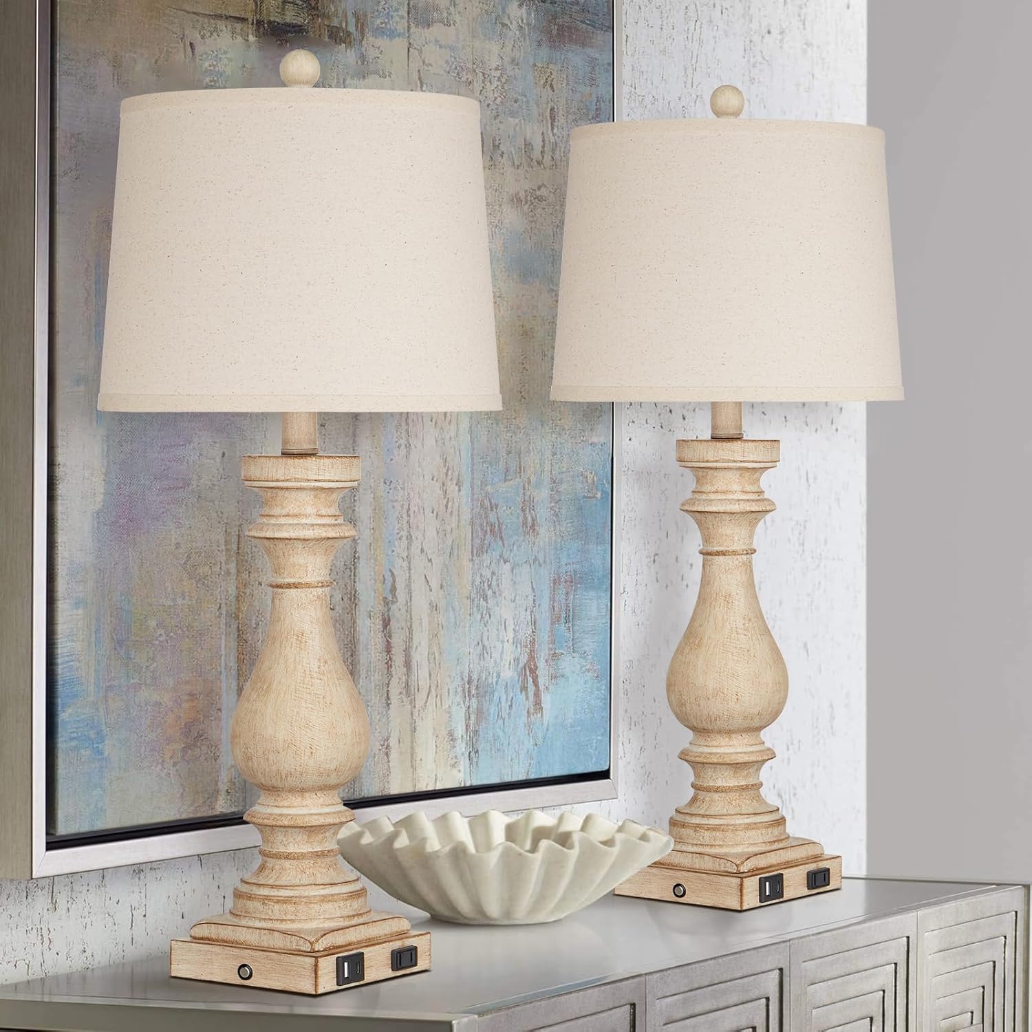 29" Tall Table Lamp for Living Room Set of 2,Vintage Bedside Nightstand Lamps with USB C+A Ports & AC Outlet,3-Way Dimmable Touch Control Desk Lamp for Bedroom,Color 1 - Image 6