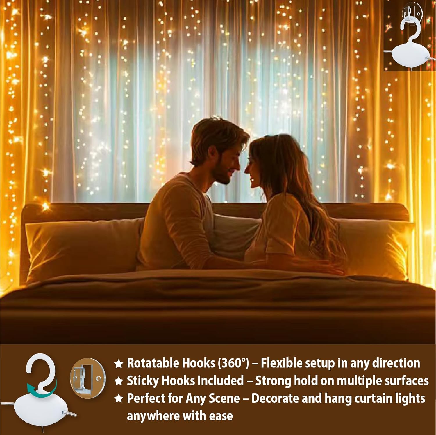 Warm White Curtain Light for Bedroom, 300 LED 9.8ft x 9.8ft Window Fairy Curtain String Light with 16 Hooks, 8 Models Remote Control for Wedding Party Home Garden Indoor Decorations - Image 4