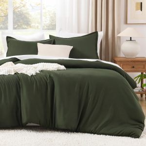 Litanika Dark Olive Green Comforter Set King, 3 Pieces Solid Bedding Comforter Set, All Season Fluffy Bed Set (104x90In Comforter & 2 Pillowcases)