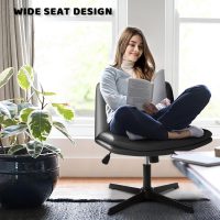 LEMBERI PU Leather Armless Office Desk Chair No Wheels,Criss Cross Legged Office Chair, Wide Padded Swivel Vanity Chair,Mid Back Ergonomic Computer Task Chair for Make Up,Small Space,Gray - Image 6
