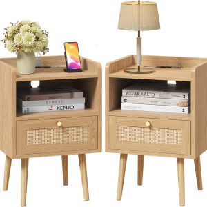 Night stand Set of 2, Bedside Tables with Charging Station, Rattan End Tables, Boho Bed Side Tables, Wood Nightstands set of 2 for Kids' Room Farmhouse Bedroom Living Room Dorm Sofa Couch (Natural)
