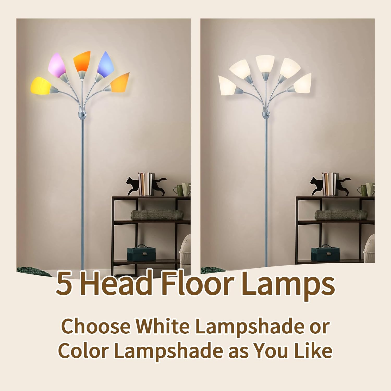 Medusa Floor Lamp, Multi Head 5 Light Floor Lamps for Living Room with 10 Lampshade, Adjustable Gooseneck Reading Standing Lamp for Bedroom,Office,Kids,Classroom (Sliver) - Image 5