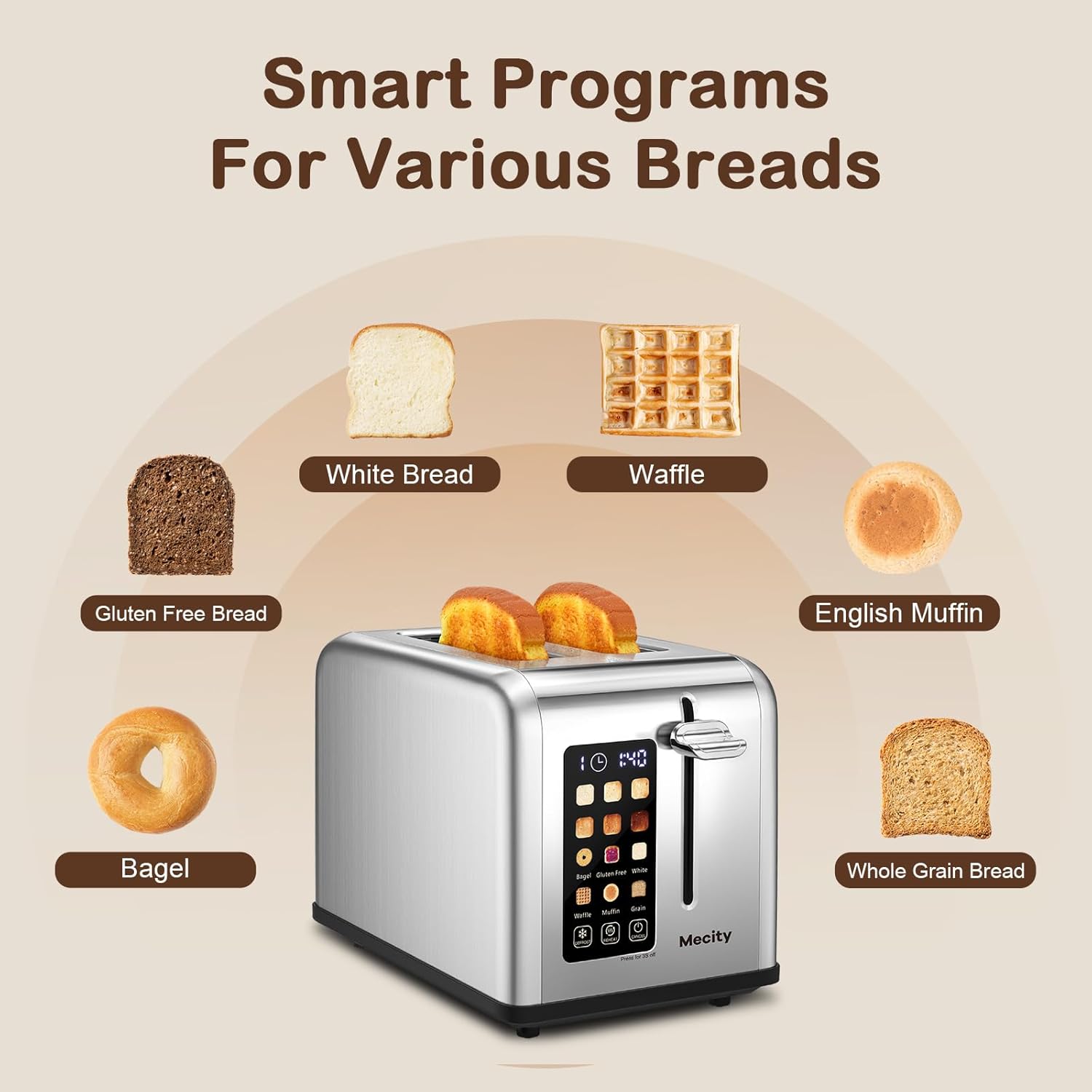 Mecity 2 Slice Toaster Touch Screen 1.5" Wide Slot, Stainless Steel Smart Bread Toaster for Bagel Muffin Waffle Gluten Free Breads, Timer, Defrost, Reheat, 120V 825W - Image 3