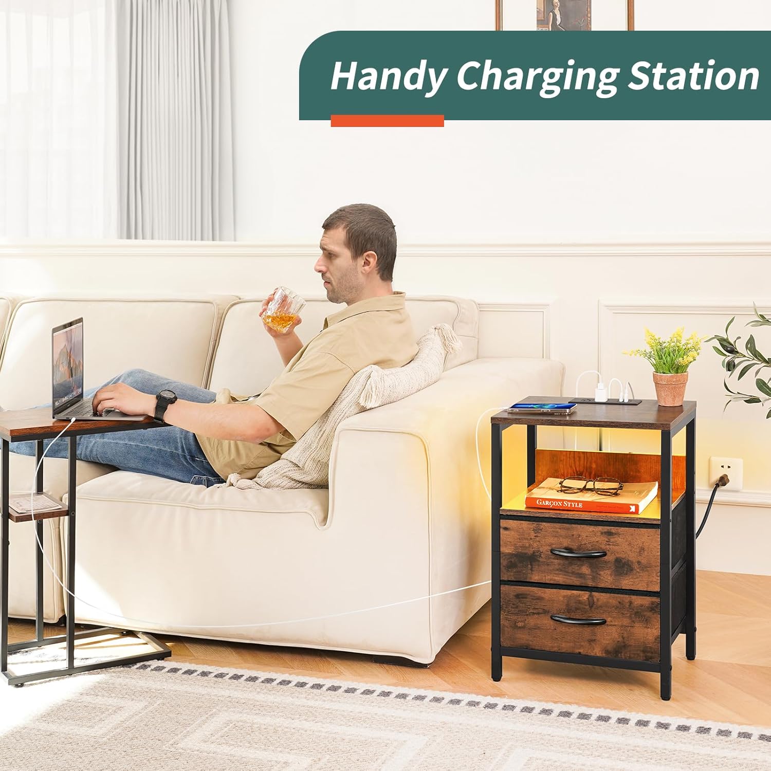 Yoobure Nightstand with Charging Station, LED Night Stand with Fabric Drawers and Storage Shelf for Bedroom, Nightstands Bedside Tables with USB Ports & Outlets, Small Night Stands, Bed Side Table - Image 4