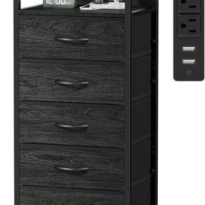 Furnulem 5 Drawers Dresser with Charging Station, Fabric Chest of Drawers with Open Shelf, Tall Night Stand, Bedside Table for Closet, Entryway, Bedroom Furniture, 3 Ways to Use, Black Oak