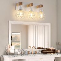 Farmhouse Vanity Light for Bathroom, 3-Light White Wood Bathroom Vanity Light Fixtures Over Mirror, Rustic Sconces Wall Lighting with Metal Lampshade for Living Room, Bedroom, Hallway - Image 2